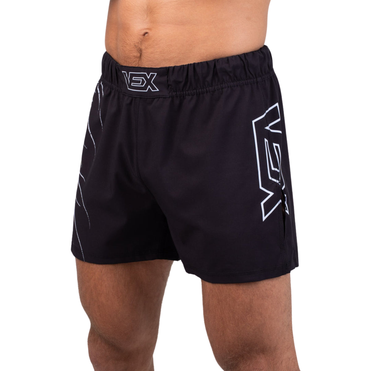 ABYSS SERIES Hybrid MMA Shorts worn by a model, side view showing the VEX leg panel