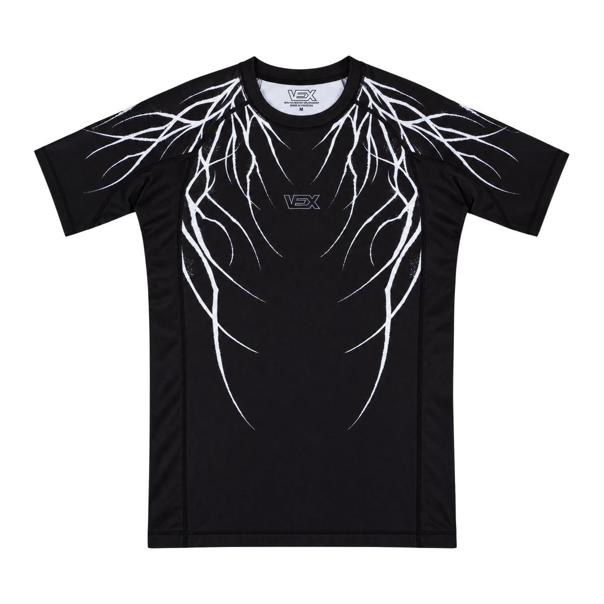 ABYSS SERIES rash guard, front view, flat lay on white background