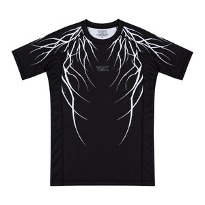 ABYSS SERIES rash guard, front view, flat lay on white background