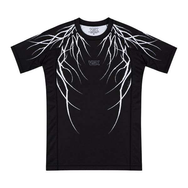 ABYSS SERIES rash guard, front view, flat lay on white background
