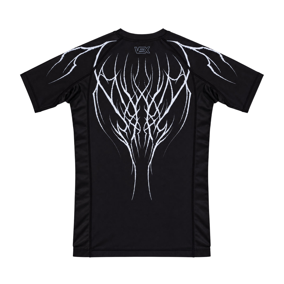 ABYSS SERIES rash guard, back view, flat lay on white background