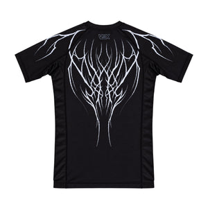 ABYSS SERIES rash guard, back view, flat lay on white background